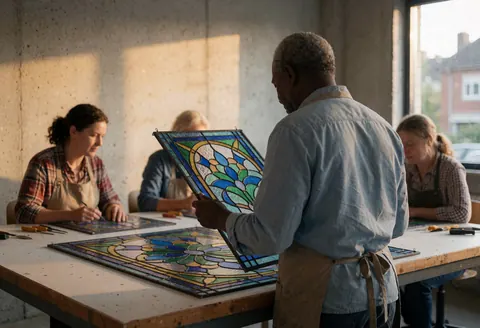 Artisan checking a stained glass panel with blue and green floral patterns in a workshop with concrete walls and natural light.