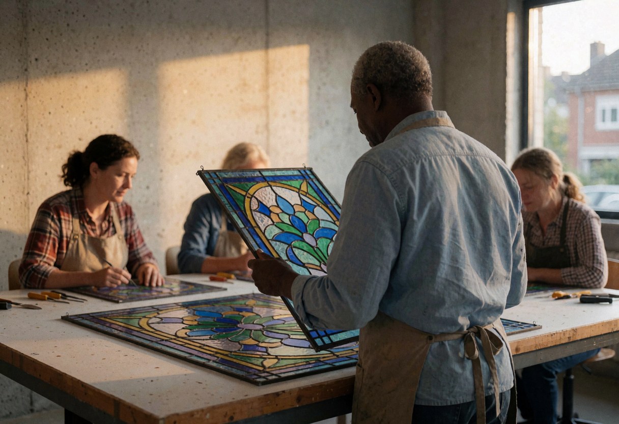 Artisan checking a stained glass panel with blue and green floral patterns in a workshop with concrete walls and natural light.