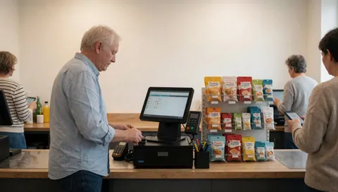 Cashier operating a modern POS terminal in a clean stationery store with white walls and stocked shelves.