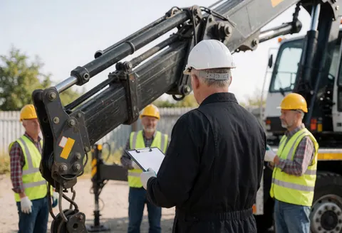 Technician in hard hat and vest inspects articulated crane at maintenance yard while other workers observe.
