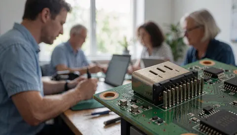Close-up of a green circuit board with a soldered HDMI connector in a TV repair workshop setting