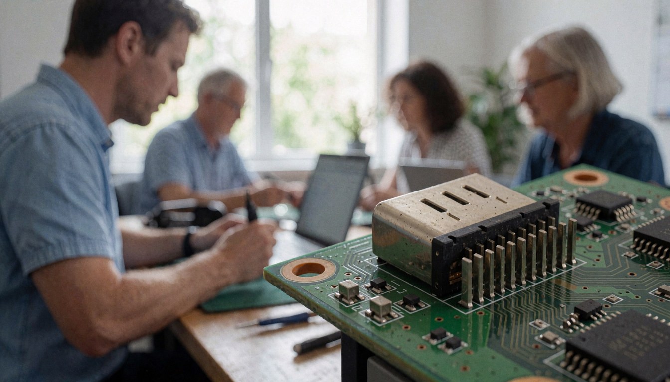 Close-up of a green circuit board with a soldered HDMI connector in a TV repair workshop setting