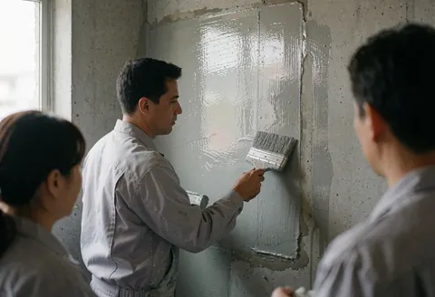 A worker applies a gray membrane to a concrete wall with a brush while two others observe the work in progress at a bathroom site.