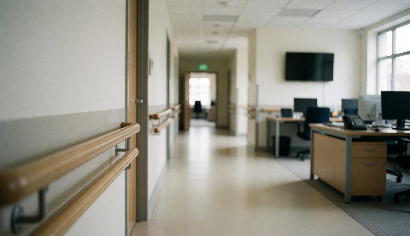 Spacious hallway with wooden handrails, soft lighting, and offices in the background, ideal for geriatric care services.