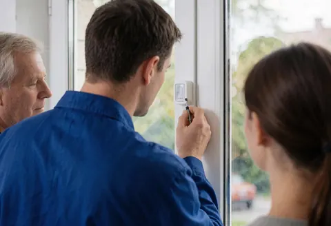 Technician in blue uniform checks an alarm sensor on a residential window while two clients observe the repair service.