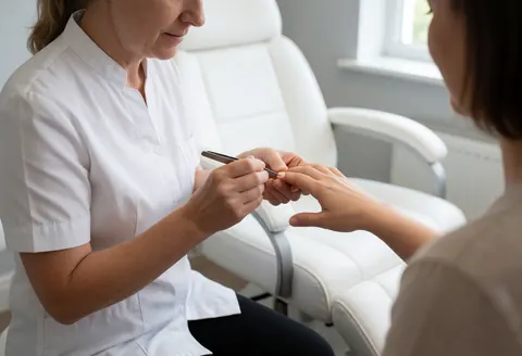 Manicurist in white uniform applying nail polish to a client seated in a massage chair within a clean salon.