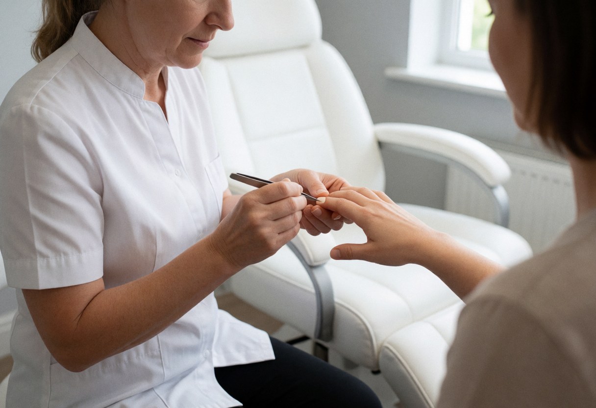 Manicurist in white uniform applying nail polish to a client seated in a massage chair within a clean salon.