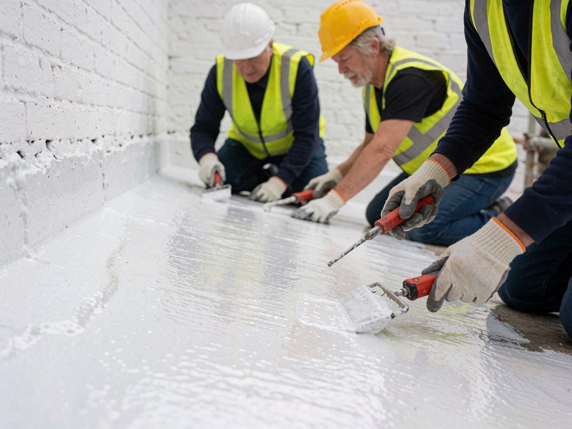Workers wearing helmets and vests apply white waterproofing membrane on roof with roller, white brick walls visible