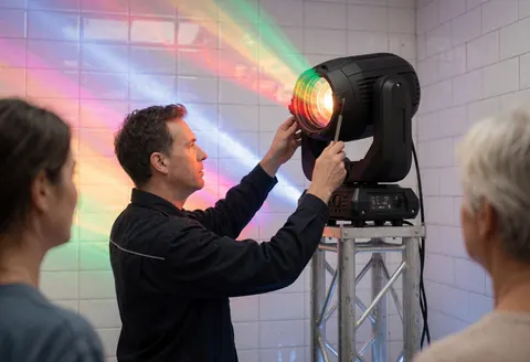Technician adjusting stage lighting on a truss structure with white tiled walls and colored lights visible in the background.