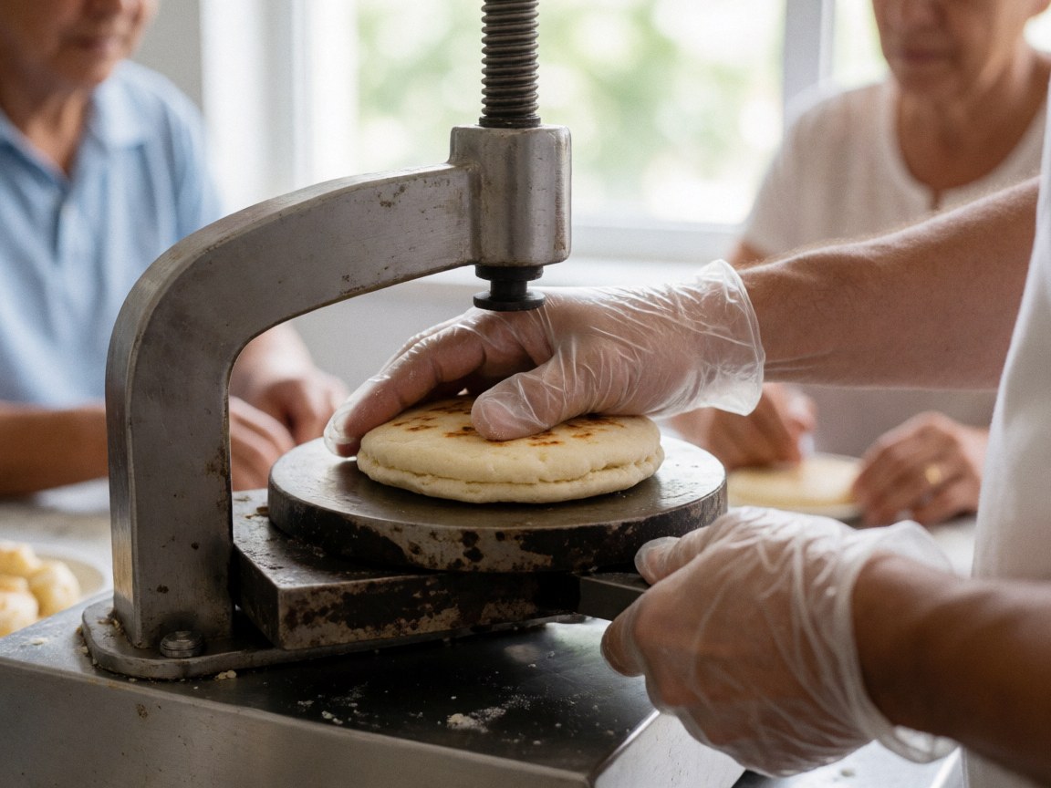 A gloved worker uses an industrial press machine to shape dough in a professional bakery setting with other staff working in the background.