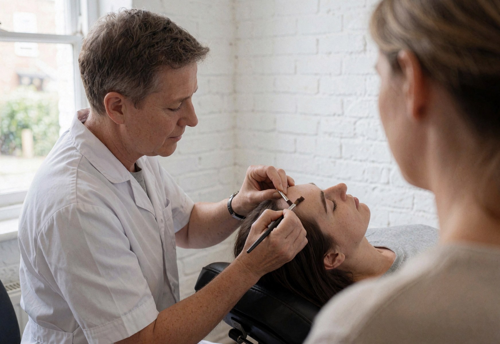 Close-up of a technician applying eyebrow tint to a client with closed eyes in a salon with a white brick wall and natural light