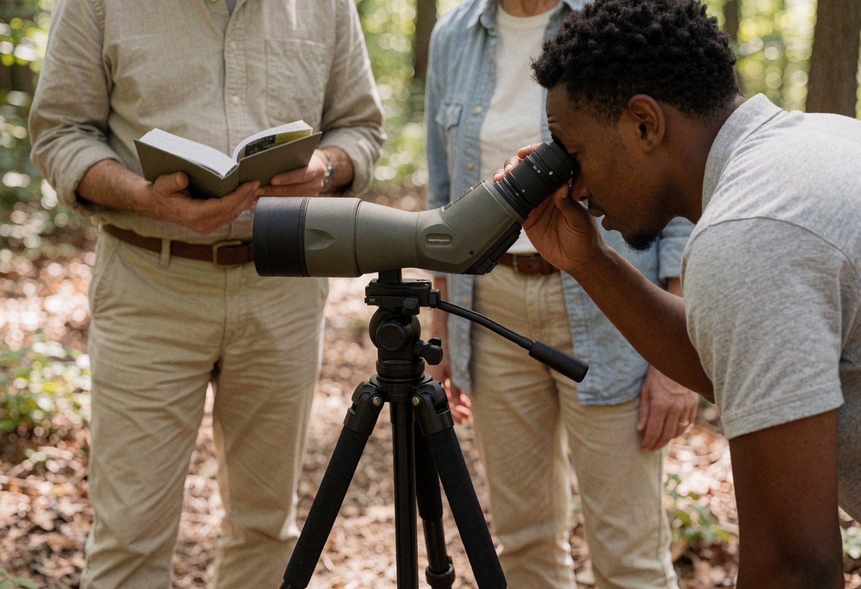 A man looks through a tripod-mounted telescope in a forest while two others stand nearby with a field book.