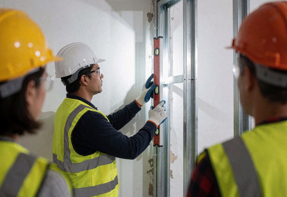 Event decorator measures a metal frame with a level while three workers in hard hats and vests observe the work on a white wall.