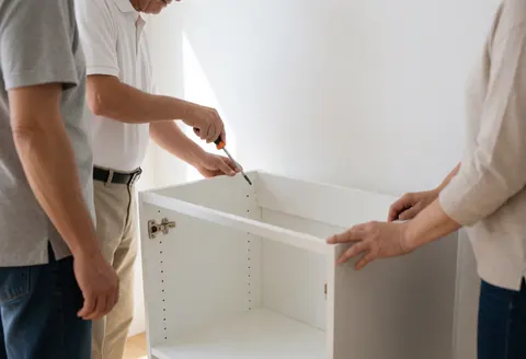 A man uses a tool to adjust a white cabinet while another person holds it steady during furniture assembly.