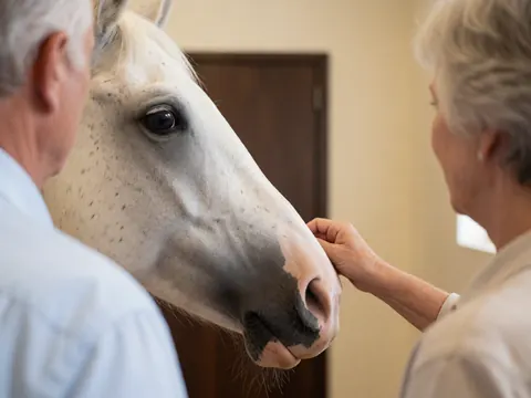 Close-up of a white horse's head with dark eye and nose, gently touched by an adult hand against beige walls and a dark wooden door