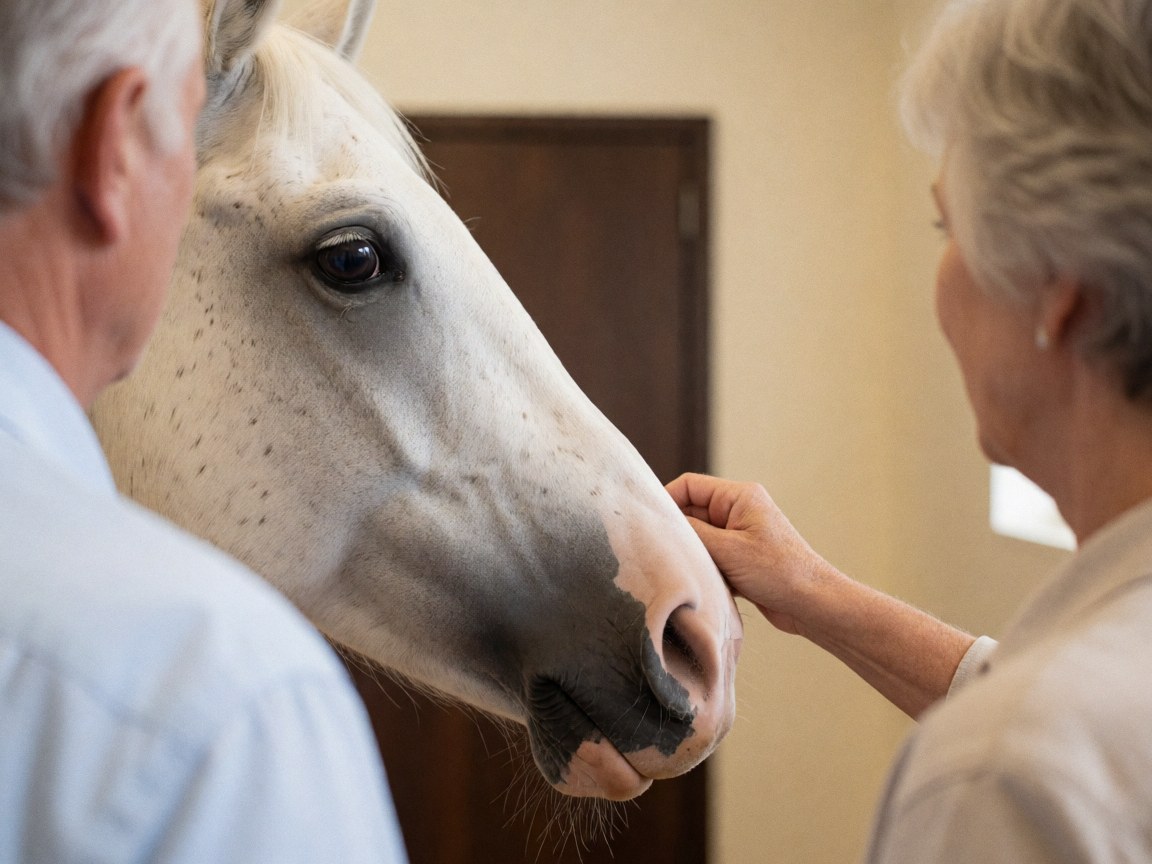 Close-up of a white horse's head with dark eye and nose, gently touched by an adult hand against beige walls and a dark wooden door