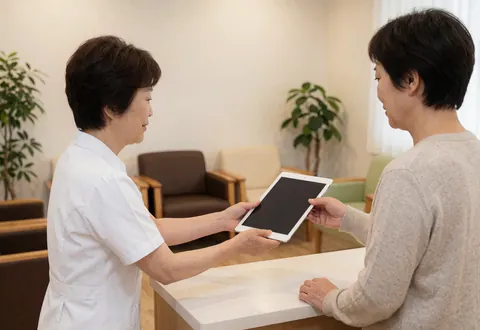 Therapist in white uniform presents digital tablet to client in a clean, modern reception area with chairs and plants.