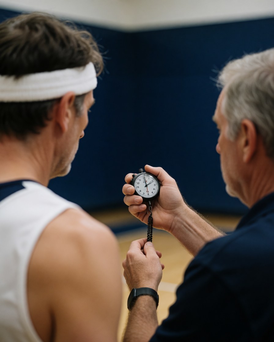 Volleyball coach holding a stopwatch while a player with a headband looks on against a dark blue wall on an indoor court