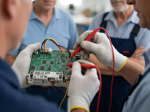 Close-up of hands using a multimeter to test electrical continuity on a green circuit board during appliance repair service.