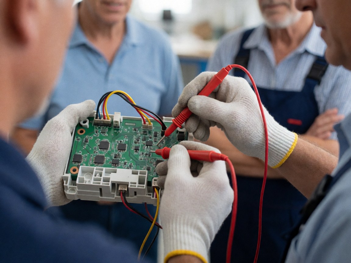 Close-up of hands using a multimeter to test electrical continuity on a green circuit board during appliance repair service.