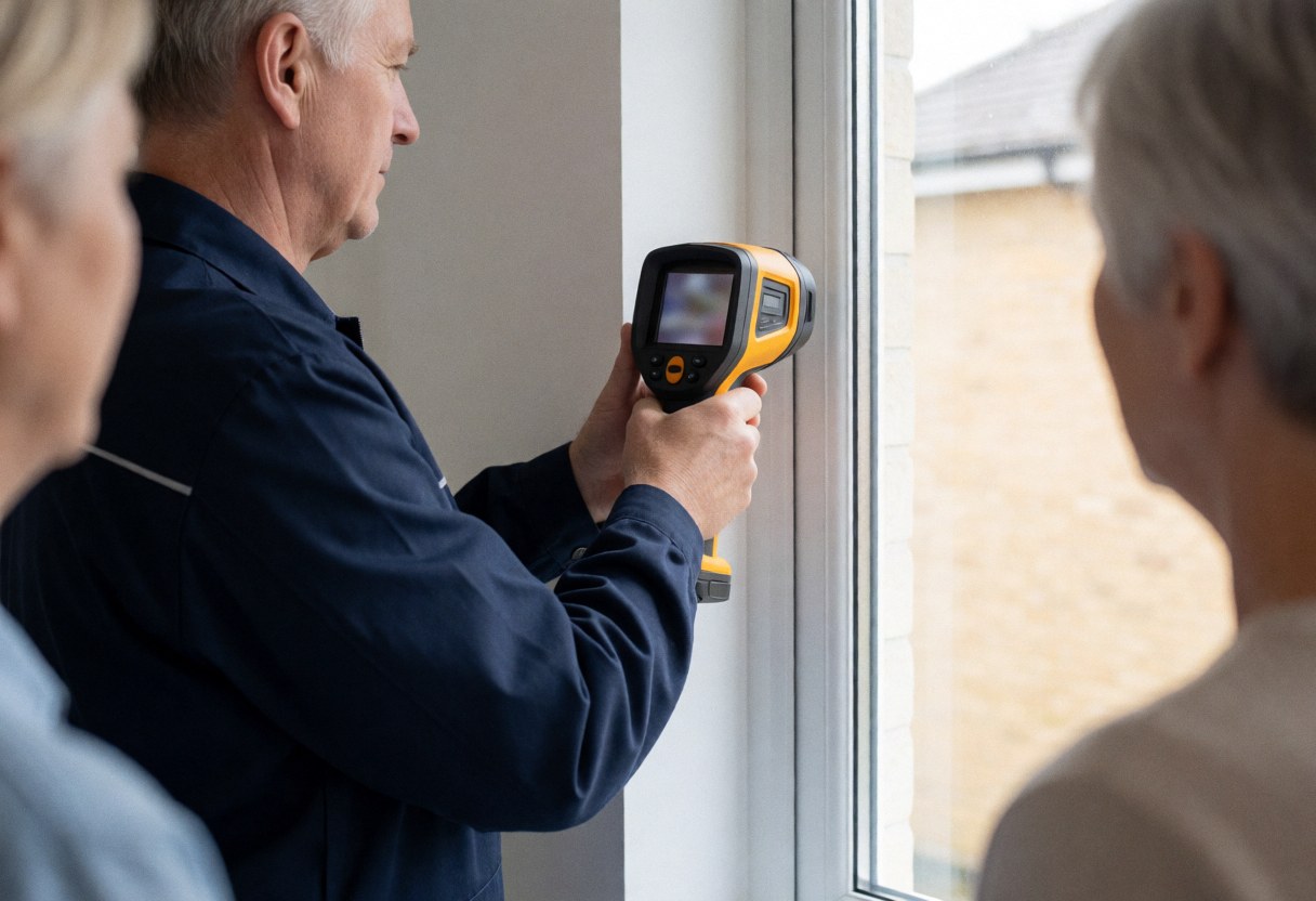 Technician in blue uniform using a thermal camera to measure window insulation while clients observe the installation process.