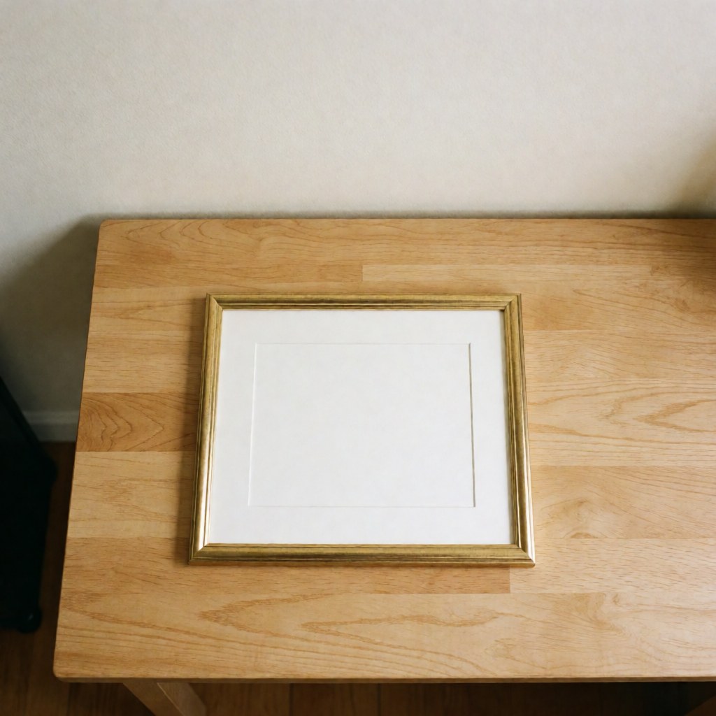 Golden diploma frame resting on a light wooden table against a warm white wall, presenting a clean and minimalist aesthetic suitable for graduation photography products.