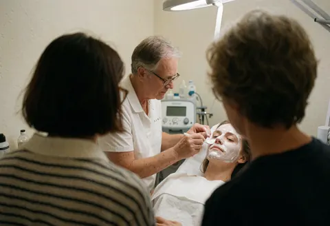Technician applies facial cream to a patient in a clinic with surgical lighting and white walls during a dermabrasion service