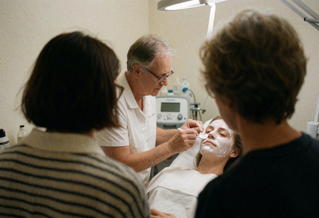 Technician applies facial cream to a patient in a clinic with surgical lighting and white walls during a dermabrasion service