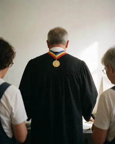 Back view of a graduate wearing a black gown and a gold medal against a white wall with soft lighting
