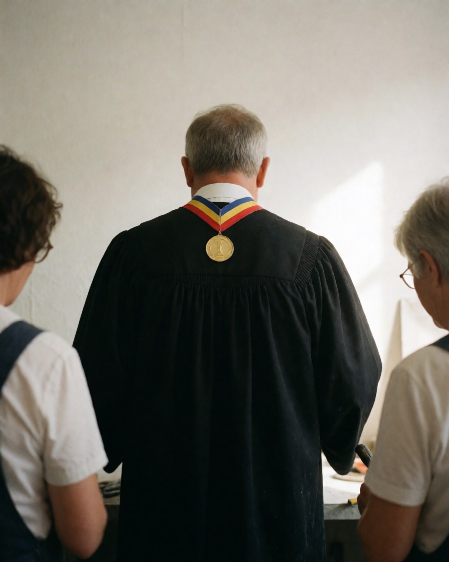 Back view of a graduate wearing a black gown and a gold medal against a white wall with soft lighting