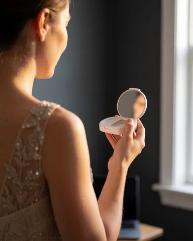 Woman in evening dress checking her makeup with a compact near a window in a room with gray walls