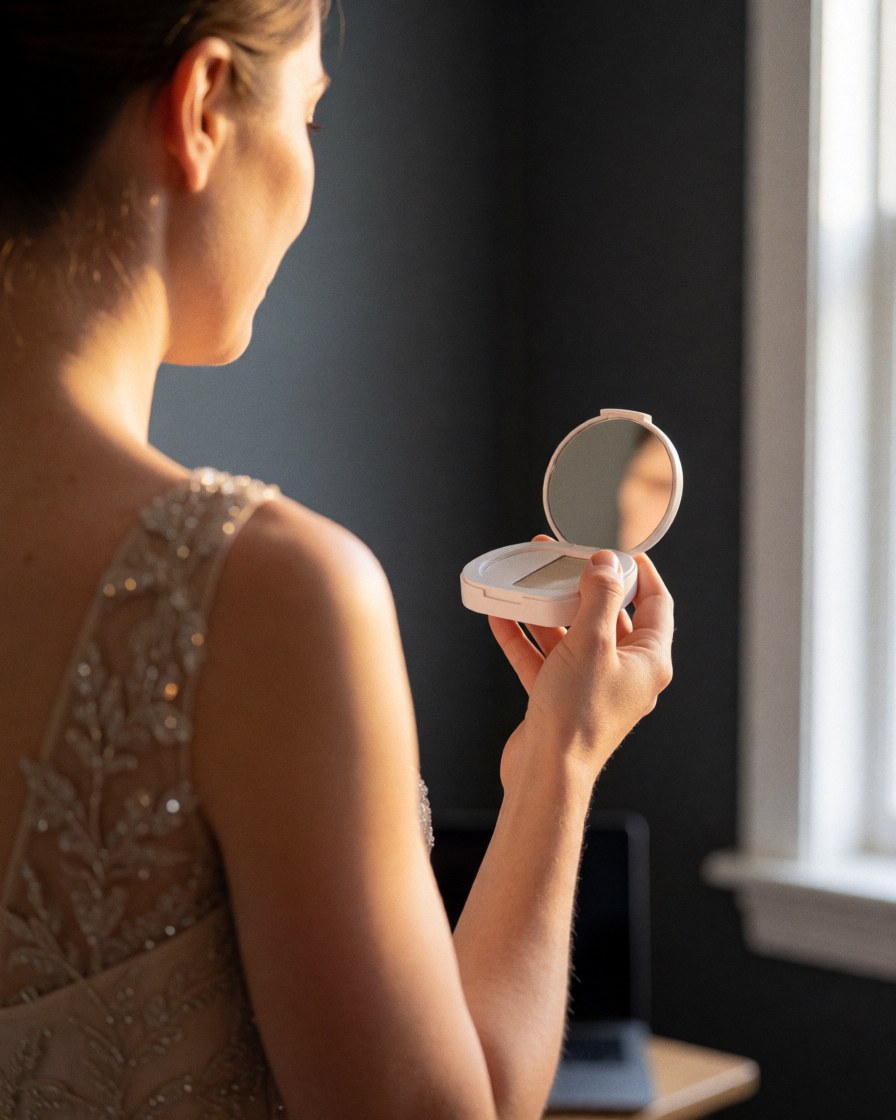 Woman in evening dress checking her makeup with a compact near a window in a room with gray walls