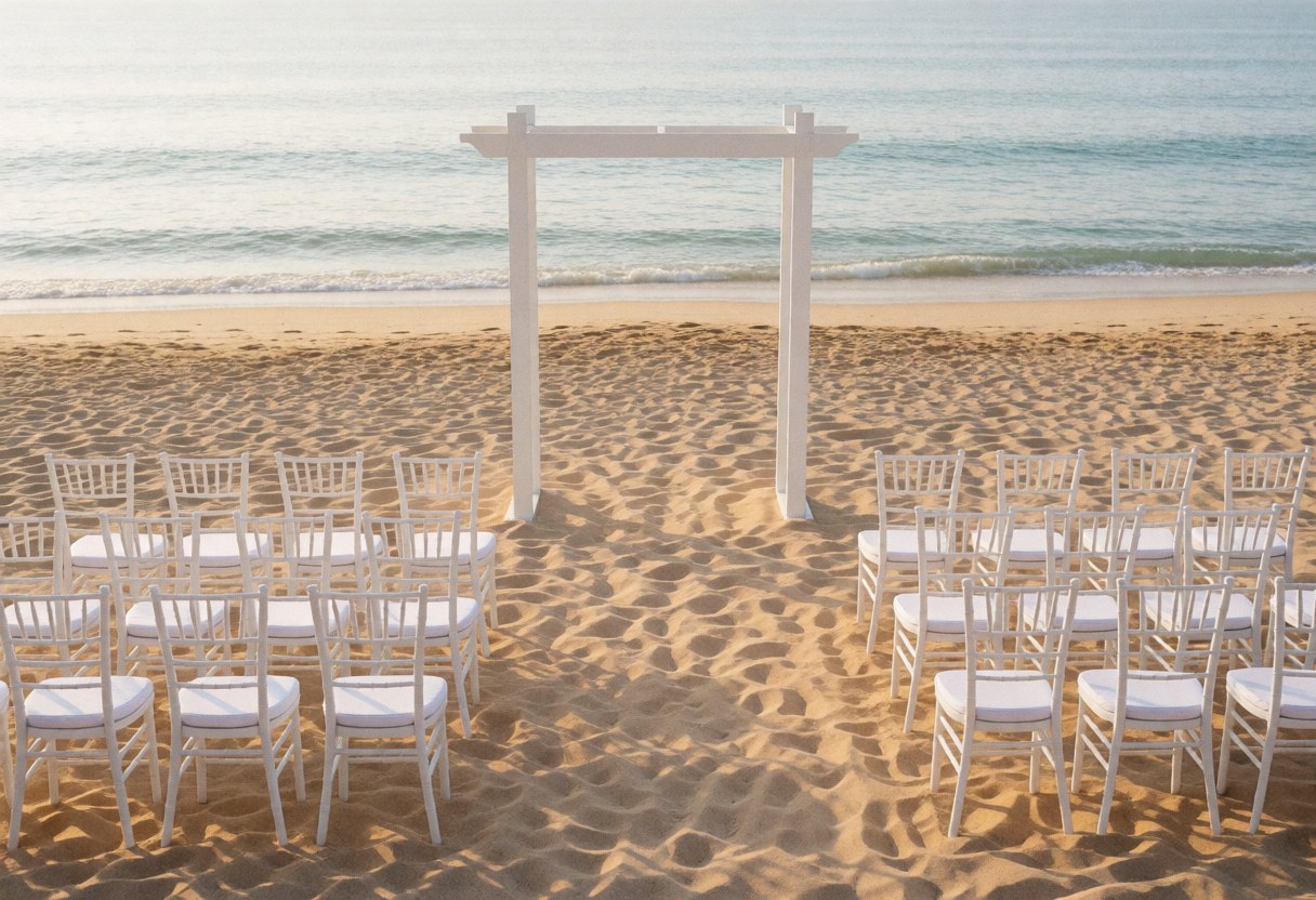 A white arch on the beach with white chairs, ceremony scene by the sea, soft morning light