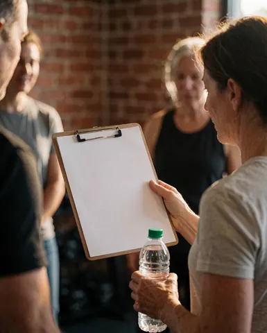 Female fitness trainer holding a whiteboard in a gym with brick wall background and smiling clients