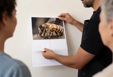 Macro photographer places a bee image on a mockup with text space against a white wall while three people observe the work