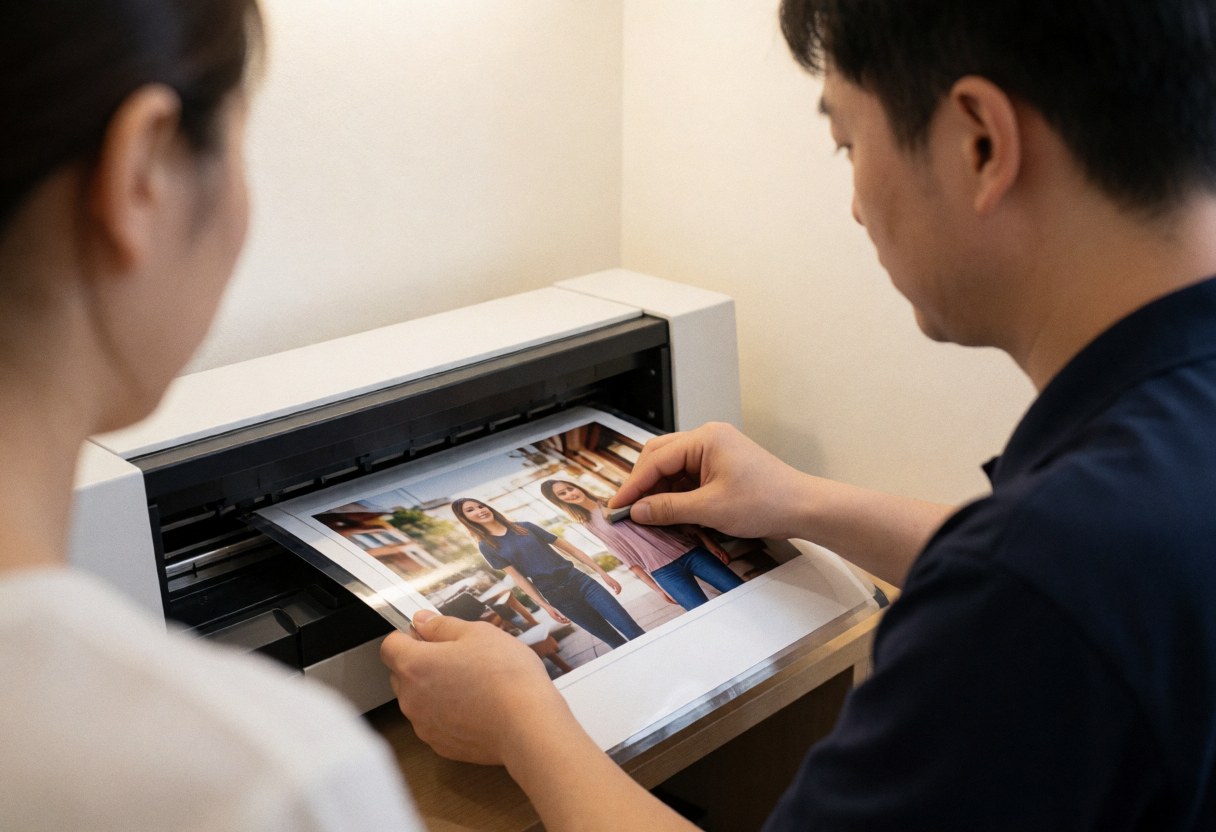 Technician carefully adjusting a freshly printed photo in a modern office, showcasing photo printing service.