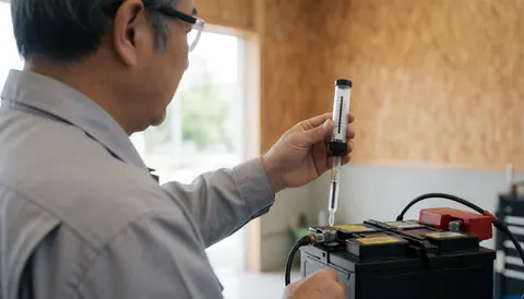 Technician inspecting a car battery using a hydrometer in a workshop with light wood walls and natural lighting