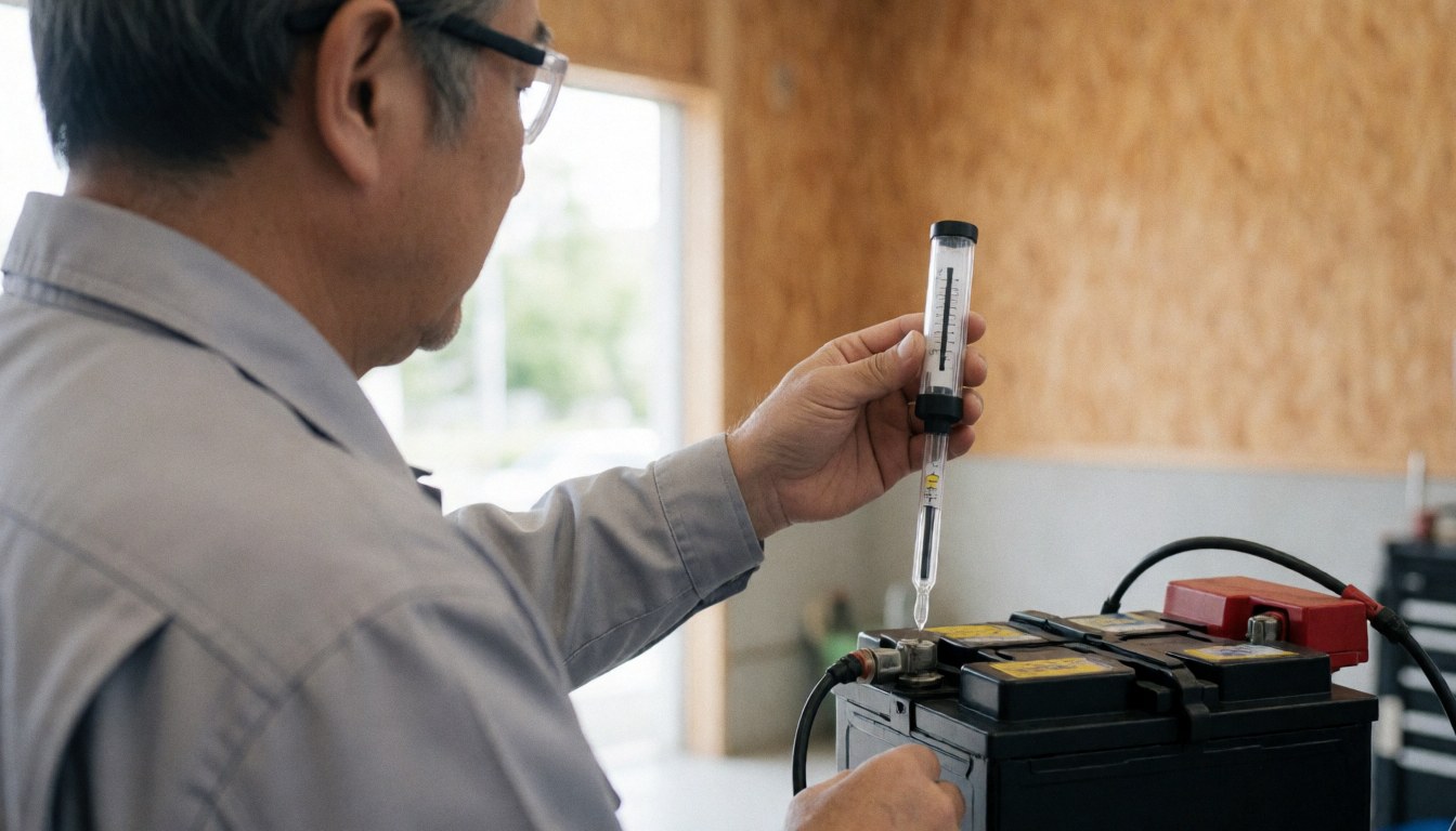 Technician inspecting a car battery using a hydrometer in a workshop with light wood walls and natural lighting