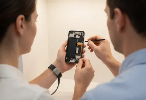 Two technicians repair a disassembled smartphone using precision tools in a white-walled shop.