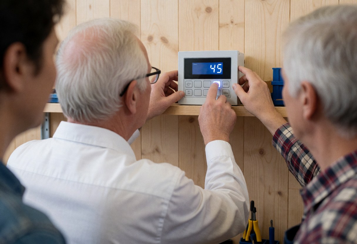 Three technicians examine a digital control panel mounted on a wooden wall with tools nearby in a workshop