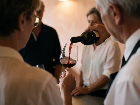 A hand pours red wine into a glass in a bar with light plaster walls and warm lighting.