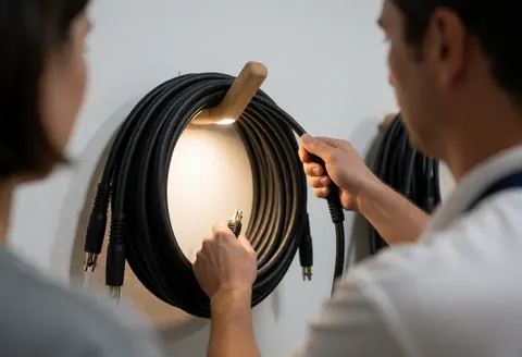 Close-up of a hand rolling a black XLR audio cable against a white wall, preparing for an event sound system setup