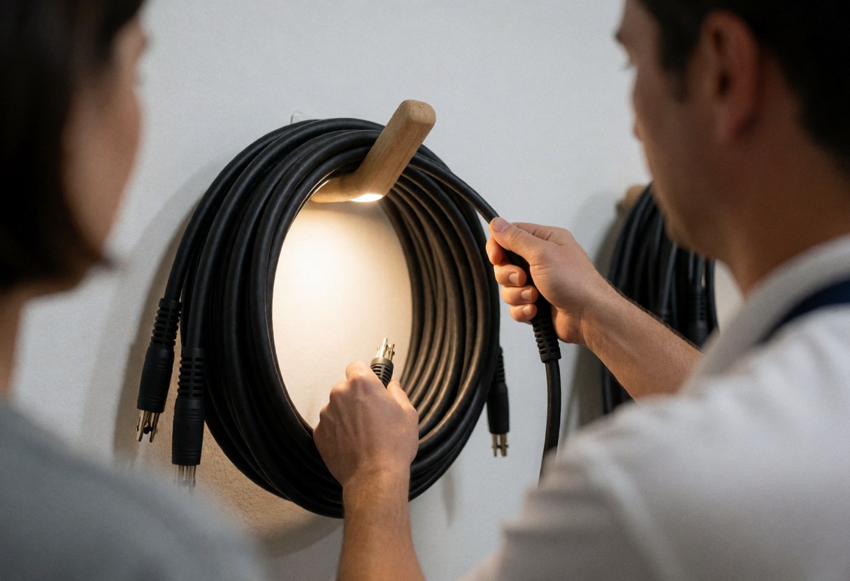 Close-up of a hand rolling a black XLR audio cable against a white wall, preparing for an event sound system setup