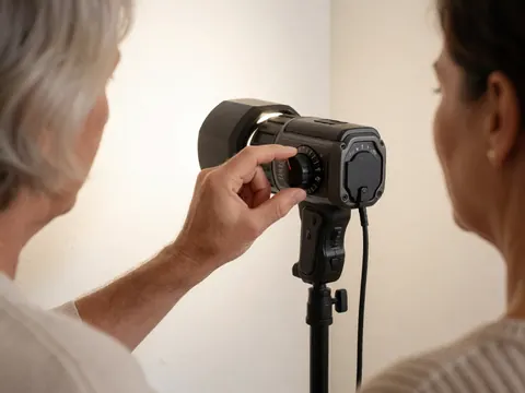 Close-up of a hand adjusting the power dial on a studio light for professional portrait photography with a white background