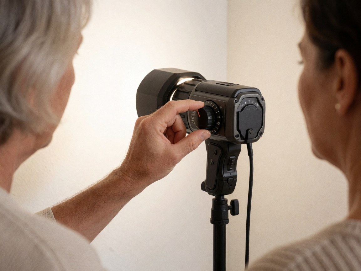 Close-up of a hand adjusting the power dial on a studio light for professional portrait photography with a white background