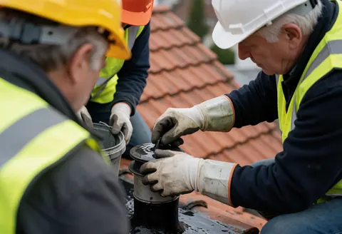 Technician in safety gear checks pipe vent sealant on terracotta tile roof while water is poured for testing.