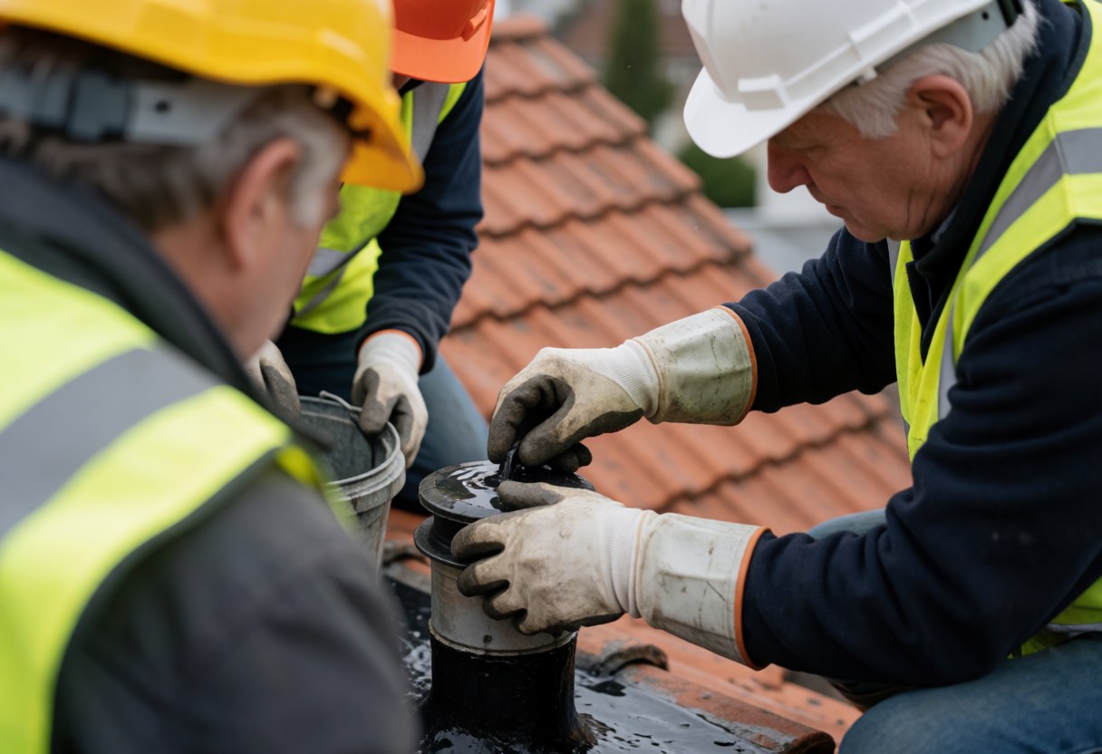 Technician in safety gear checks pipe vent sealant on terracotta tile roof while water is poured for testing.