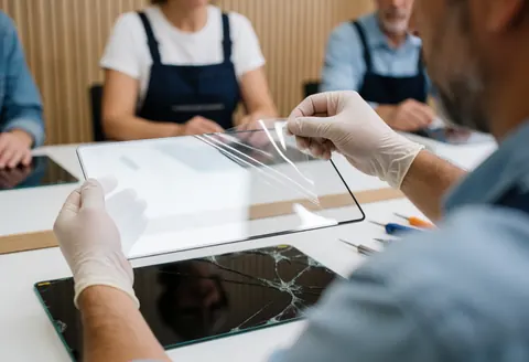 Technician peeling protective film from a new screen on a workbench with a broken screen below in a repair shop