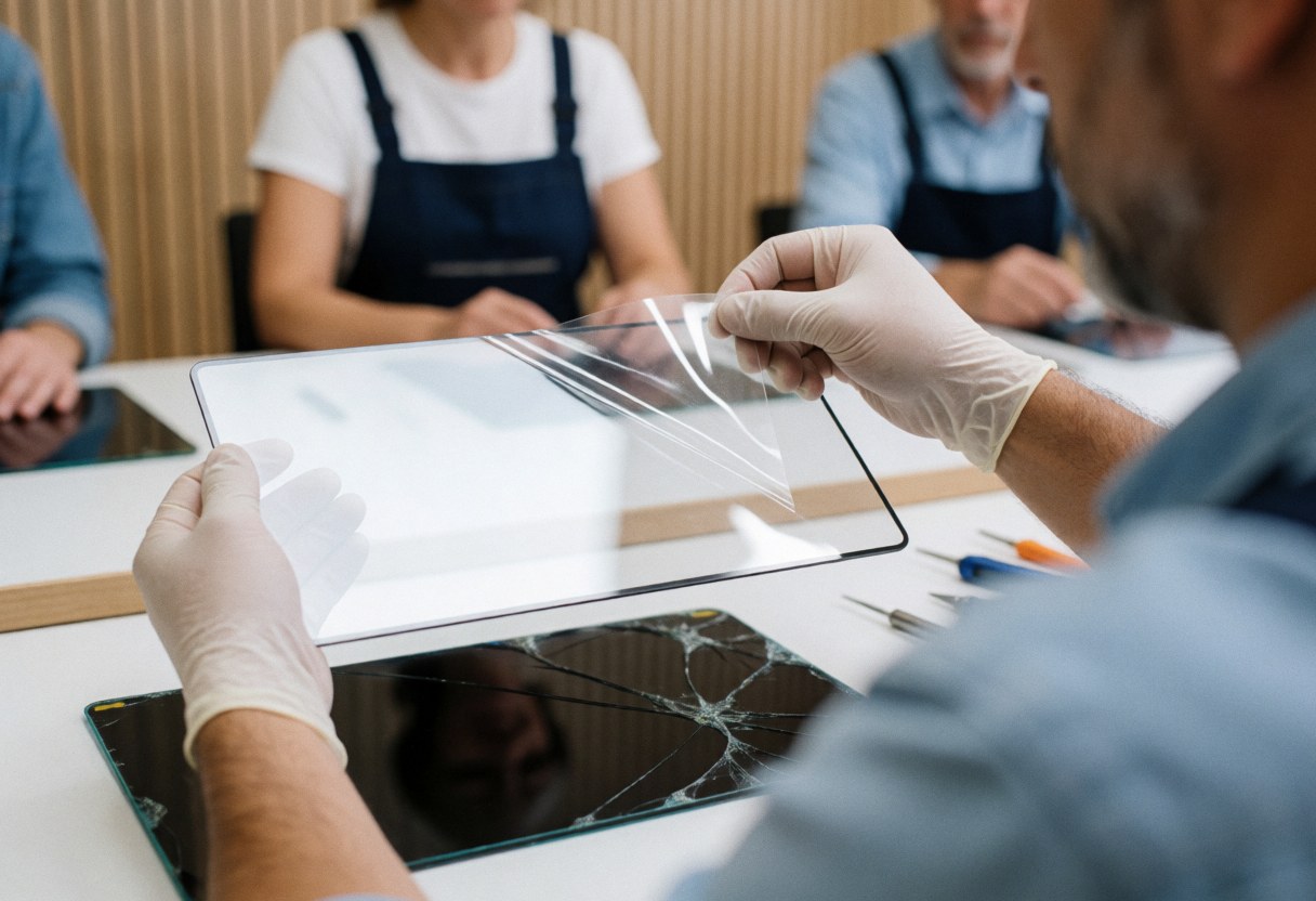 Technician peeling protective film from a new screen on a workbench with a broken screen below in a repair shop