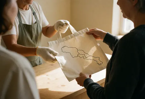 Gloved hand handing a reusable cloth bag with a trail map in an ecological park, on a wooden table against a beige wall with natural light